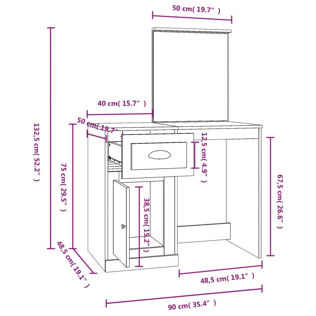 Dressing Table with Mirror Brown Bedroom Vanity Storage Makeup Desk