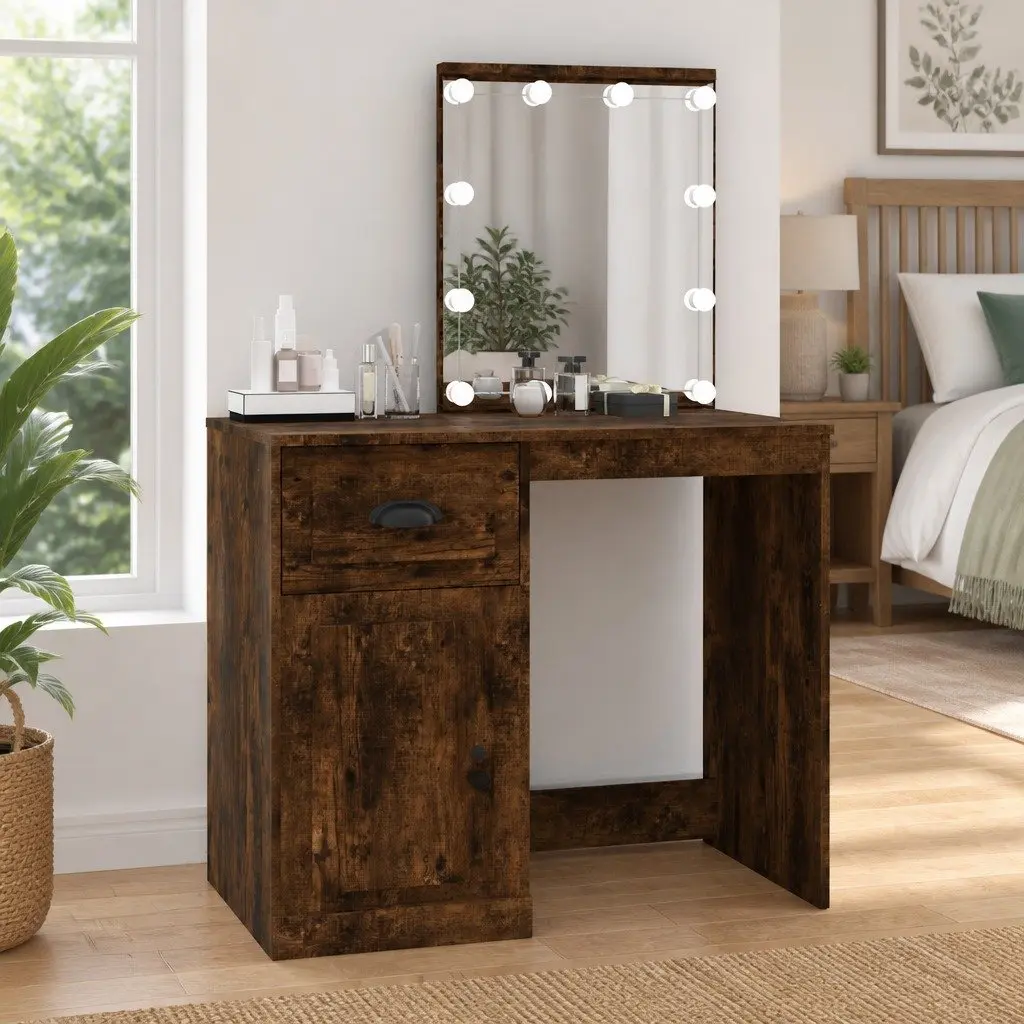 Dressing Table Engineered Wood 90 x 50 x 132.5 cm Smoked Oak with LED Mirror