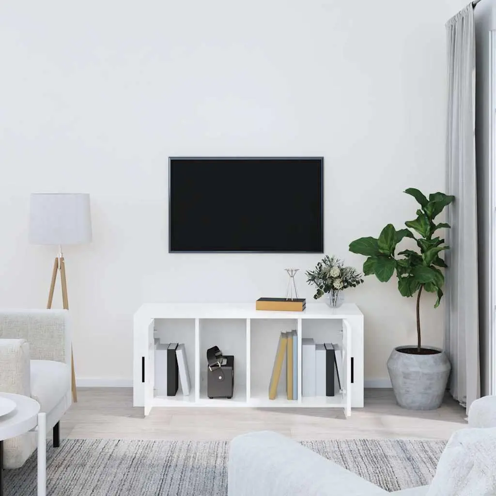 TV Cabinet Engineered Wood 100 x 35 x 40 cm High Gloss White 4 Compartments