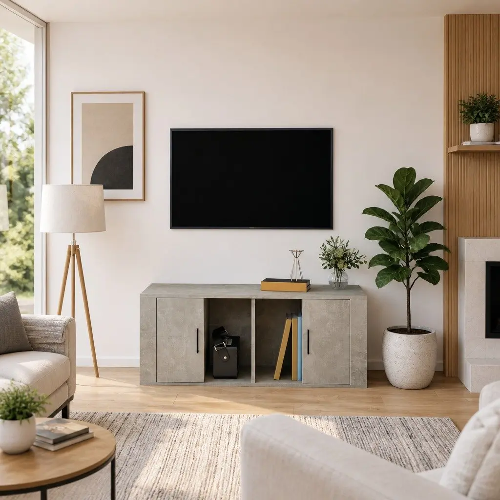 Grey TV Cabinet Engineered Wood Storage Unit with 4 Compartments 100x35x40cm