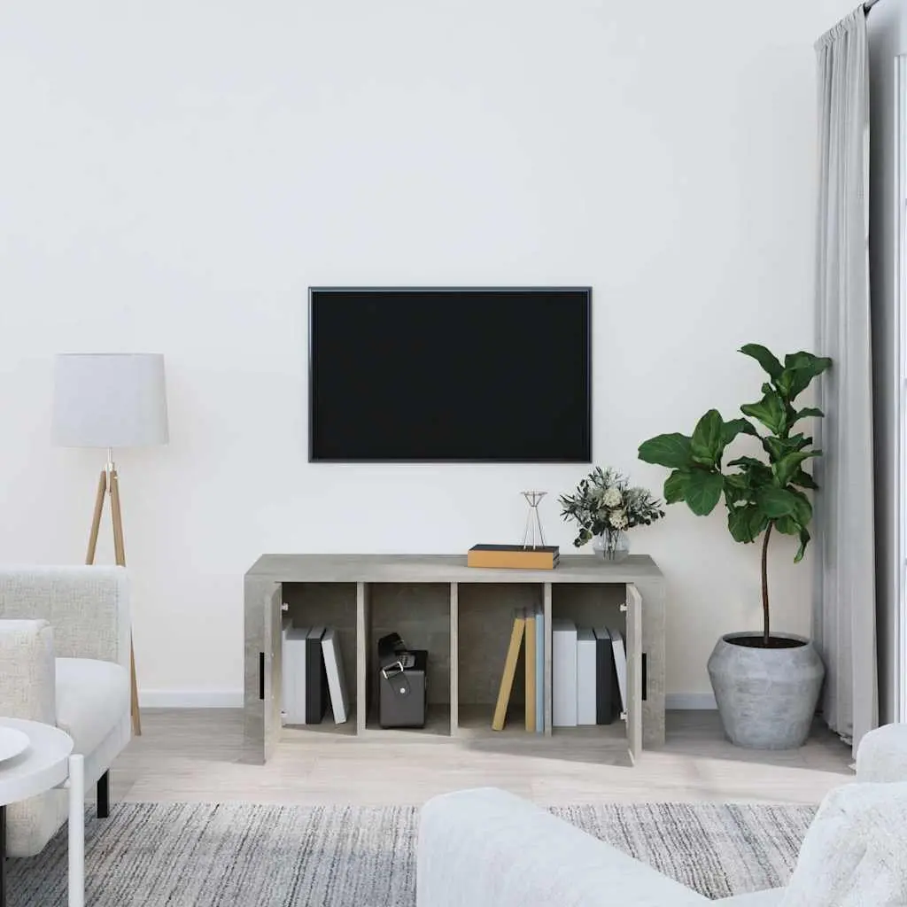 Grey TV Cabinet Engineered Wood Storage Unit with 4 Compartments 100x35x40cm
