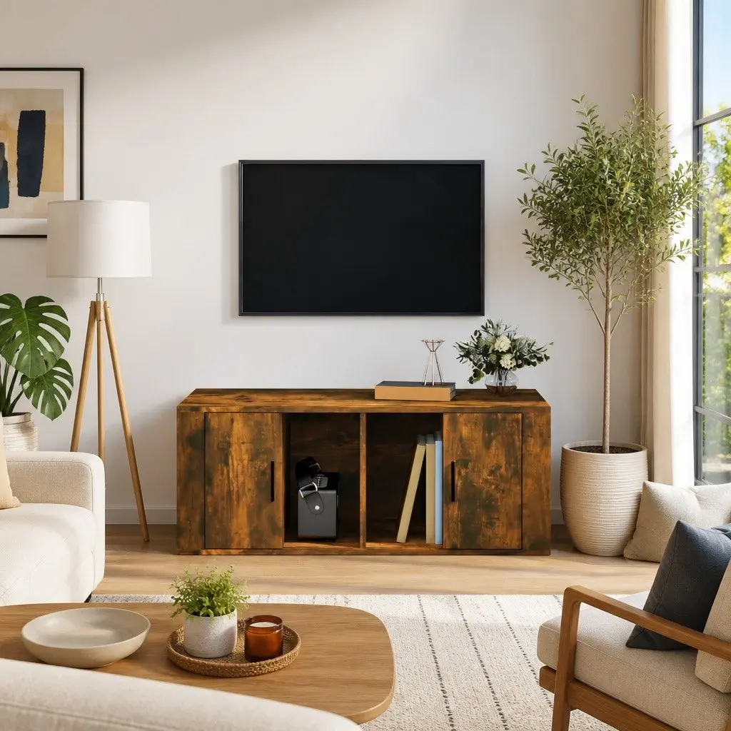 TV Cabinet Engineered Wood 100x35x40cm Brown Media Storage Unit with Compartments and Door