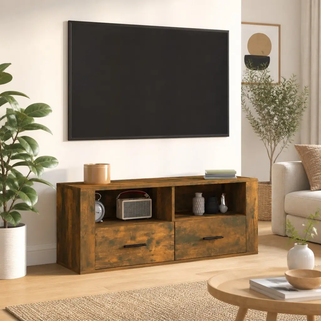 TV Cabinet Engineered Wood 100 x 35 x 40 cm Smoked Oak Brown Media Storage Unit with Drawers and Compartments for Living Room
