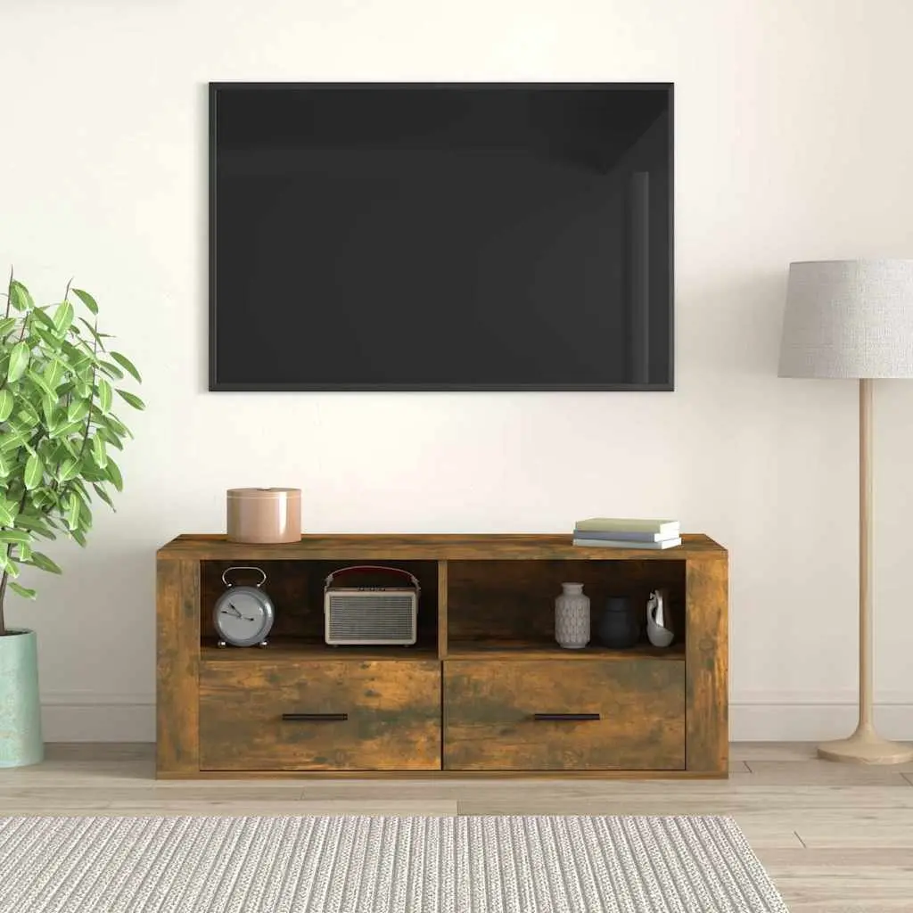 TV Cabinet Engineered Wood 100 x 35 x 40 cm Smoked Oak Brown Media Storage Unit with Drawers and Compartments for Living Room