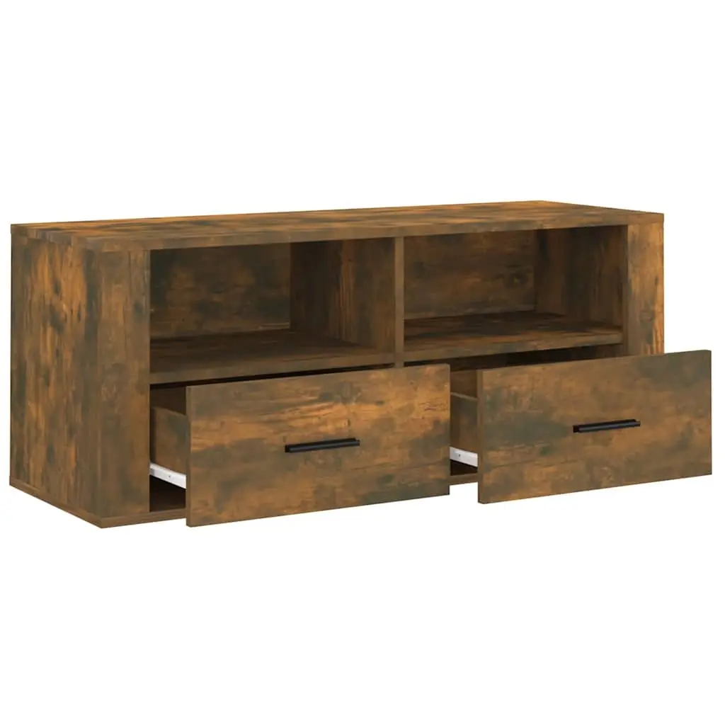 TV Cabinet Engineered Wood 100 x 35 x 40 cm Smoked Oak Brown Media Storage Unit with Drawers and Compartments for Living Room