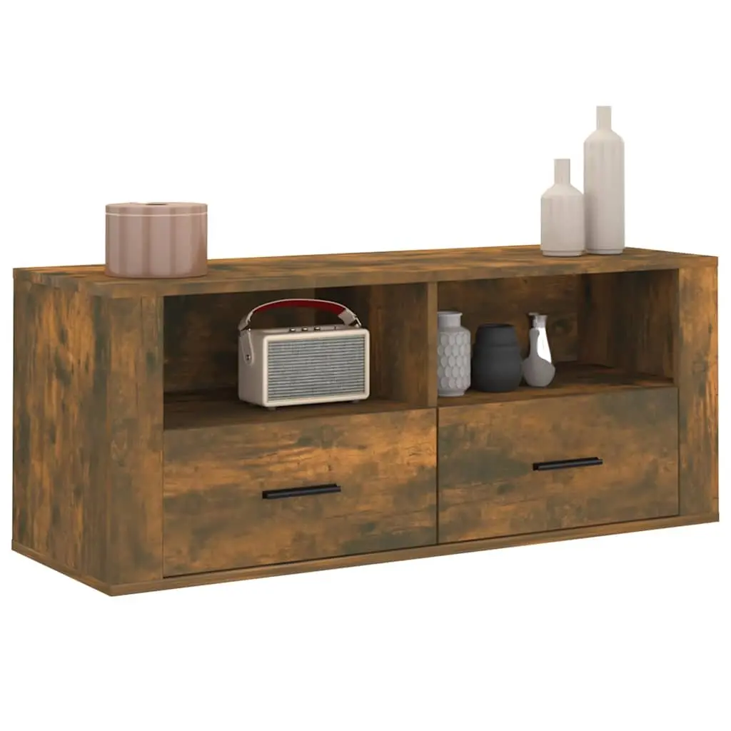 TV Cabinet Engineered Wood 100 x 35 x 40 cm Smoked Oak Brown Media Storage Unit with Drawers and Compartments for Living Room