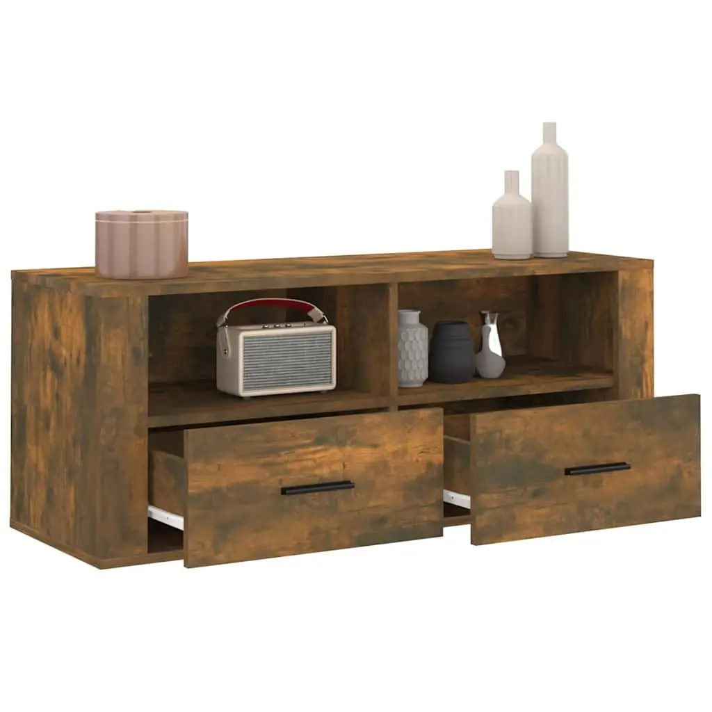 TV Cabinet Engineered Wood 100 x 35 x 40 cm Smoked Oak Brown Media Storage Unit with Drawers and Compartments for Living Room