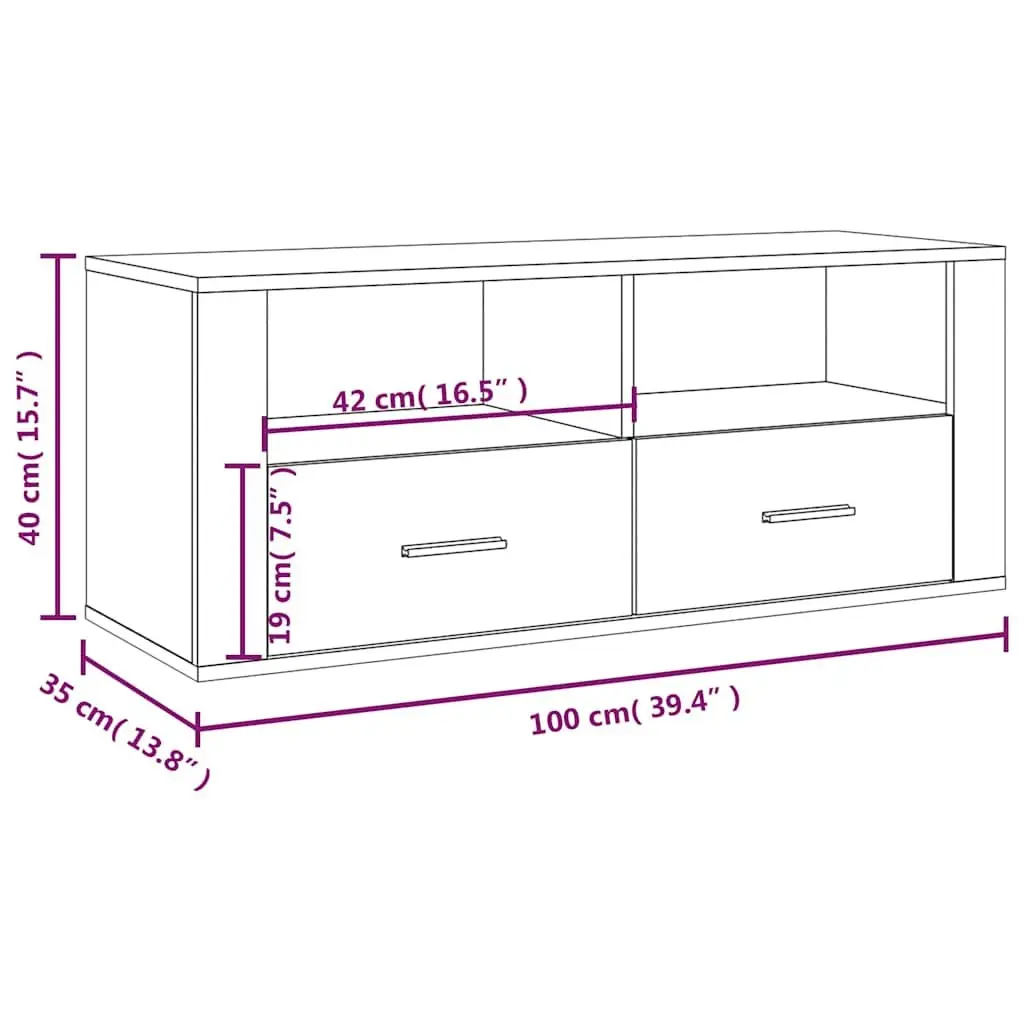 TV Cabinet Engineered Wood 100 x 35 x 40 cm Smoked Oak Brown Media Storage Unit with Drawers and Compartments for Living Room