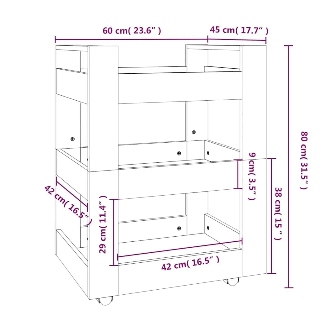 Kitchen Trolley White 3-Shelf Storage Cart Engineered Wood 60x45x80 cm Wheels