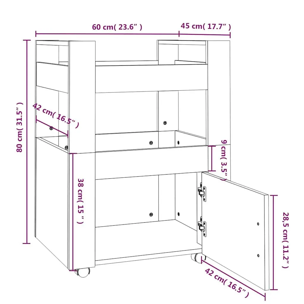 Kitchen Trolley White Storage Organizer 60x45x80 cm with Shelves Casters Wheels