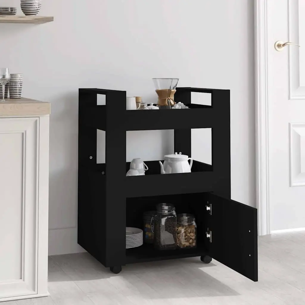 Rolling Storage Cart Black Kitchen Trolley 60x45x80cm with Compartment and Shelves Engineered Wood