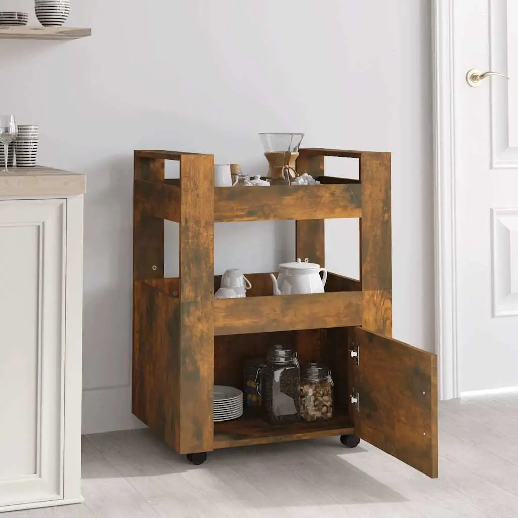 Kitchen Trolley Engineered Wood 60W x 45D x 80H cm Brown 2 Shelves Mobile Storage Cart
