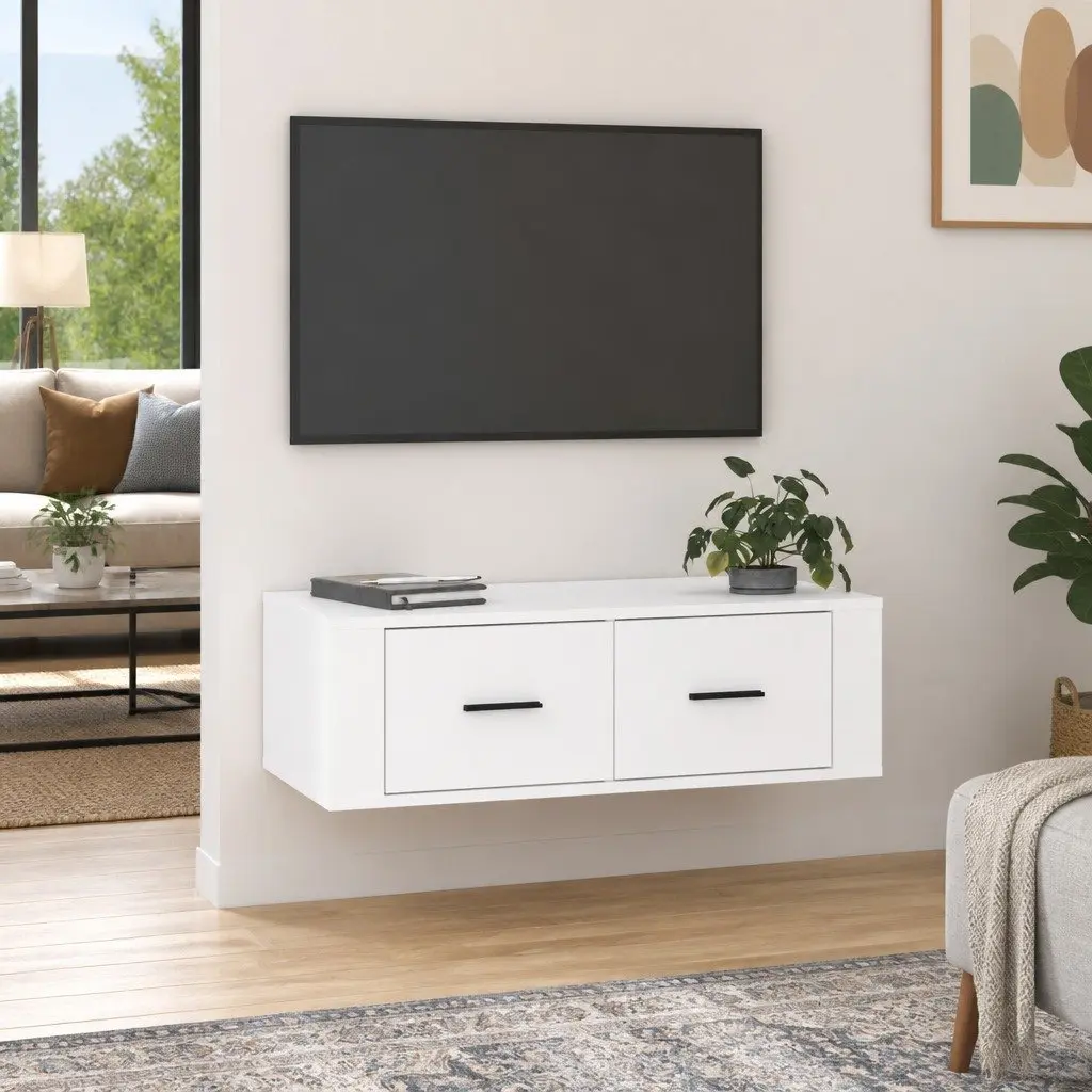 Hanging TV Cabinet Engineered Wood Wall-Mounted Media Storage Unit White 80 x 36 x 25 cm