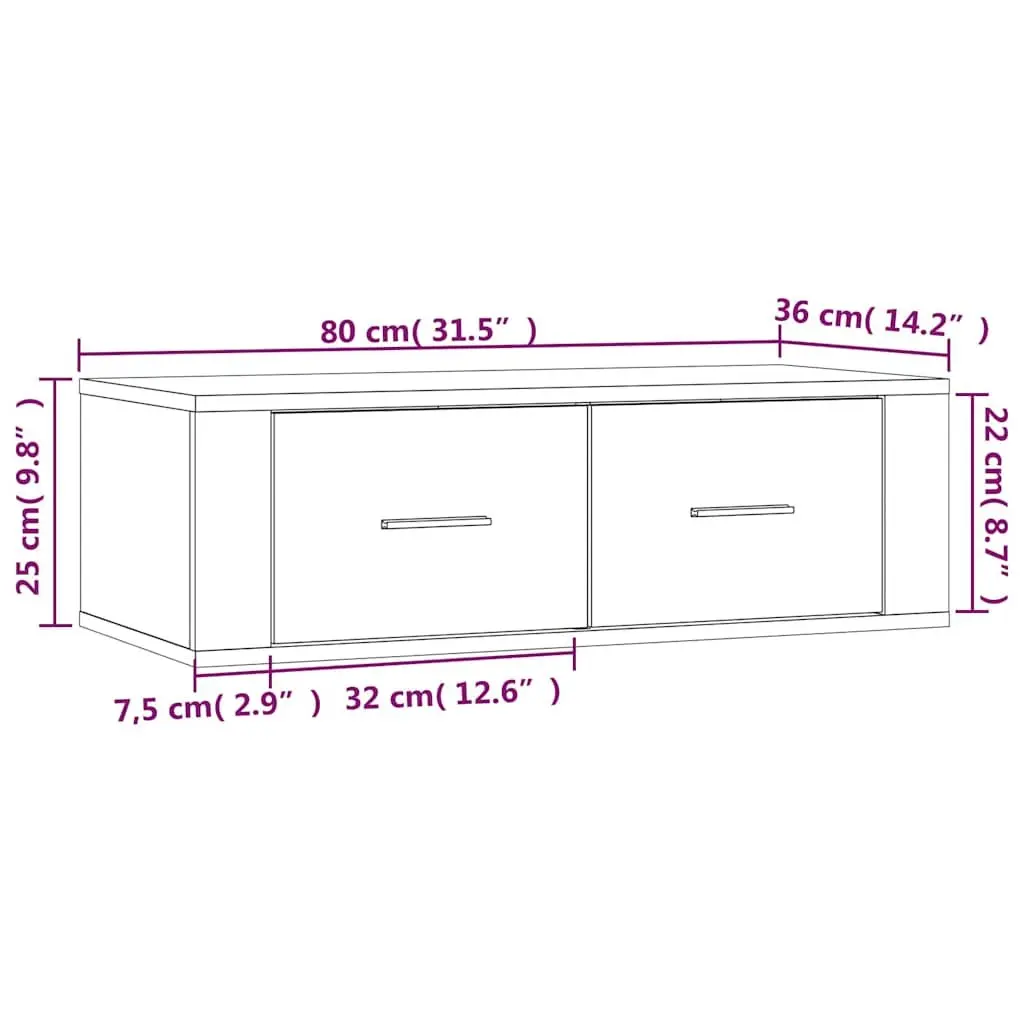 TV Cabinet Engineered Wood Wall-Mounted White 80 x 36 x 25 cm with 2 Drawers