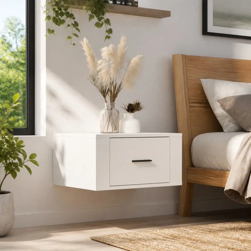 Wall-mounted Bedside Cabinet White Floating Storage Organizer 50x36x25 cm