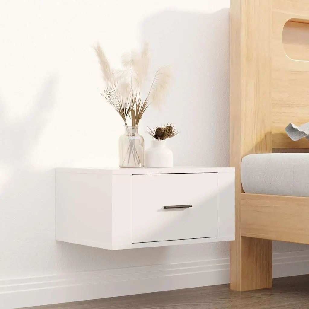 White Engineered Wood Floating Bedside Cabinets 2 Piece Wall Mounted Storage Organizer 50x36x25cm