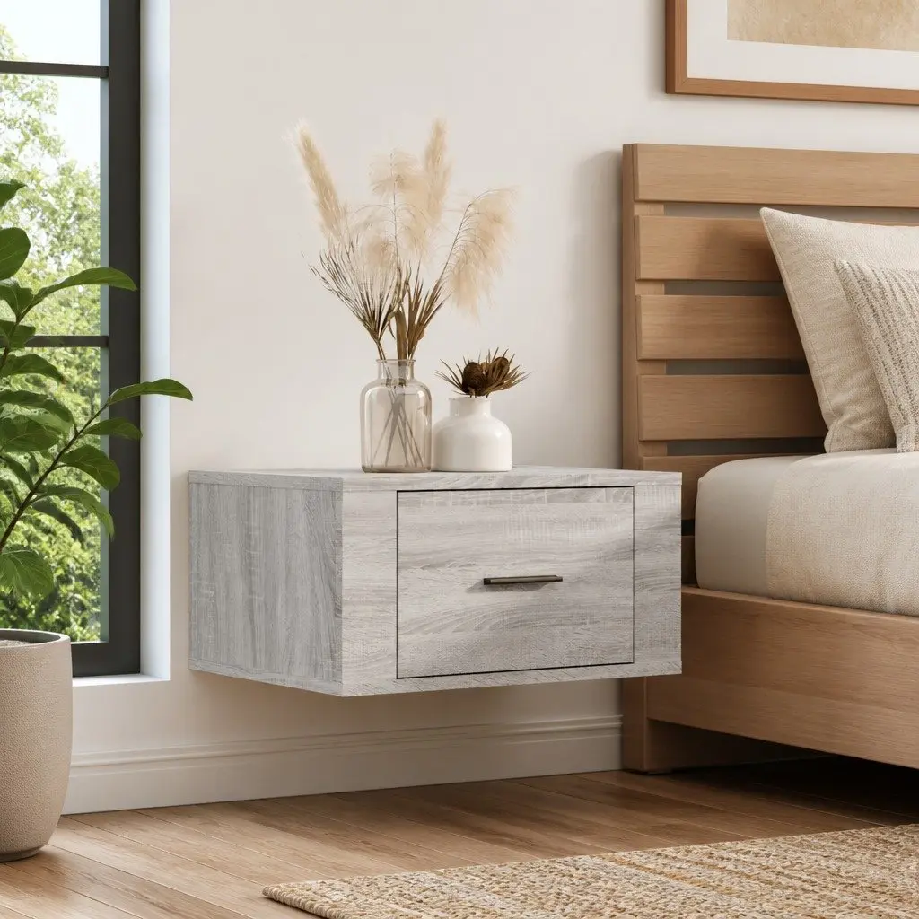 Wall-Mounted Bedside Cabinet in Grey Sonoma