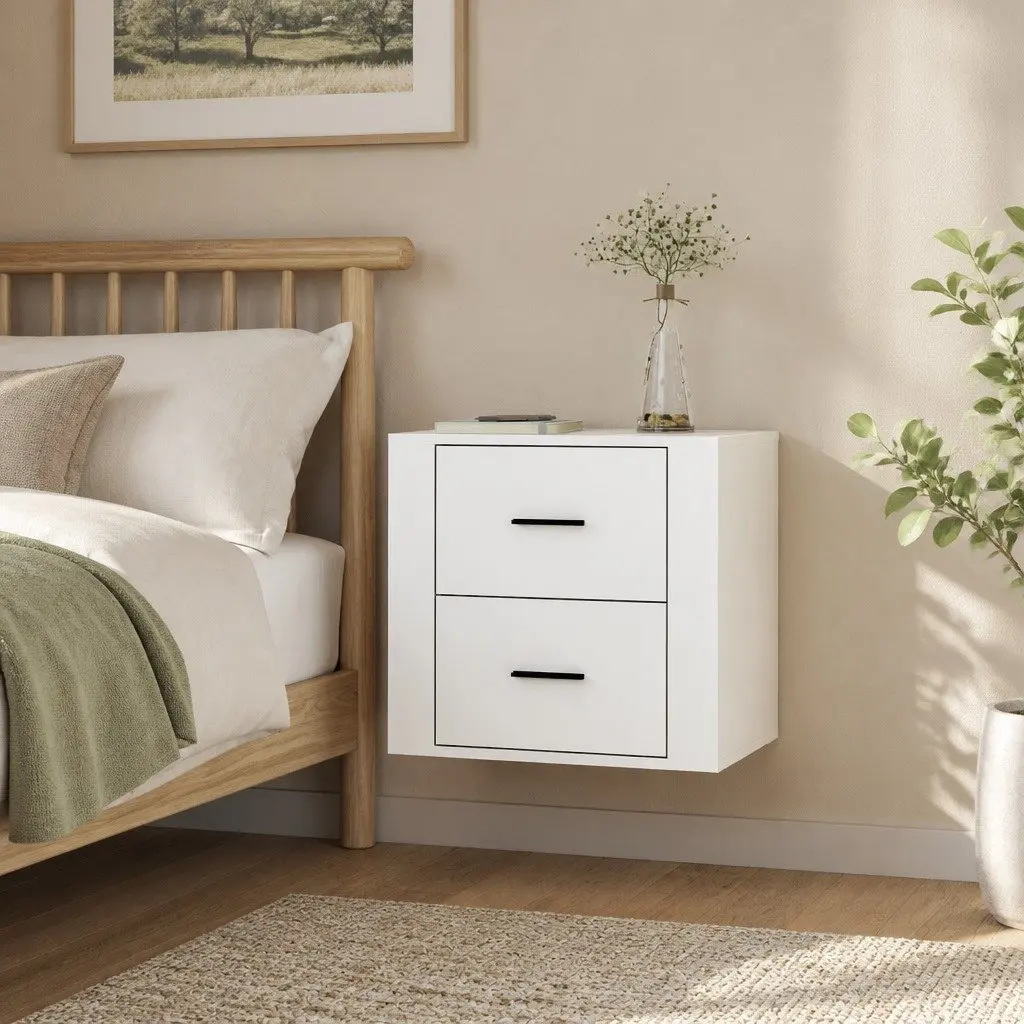 Floating White Bedside Cabinet Wall-mounted Storage 50x36x47cm Engineered Wood