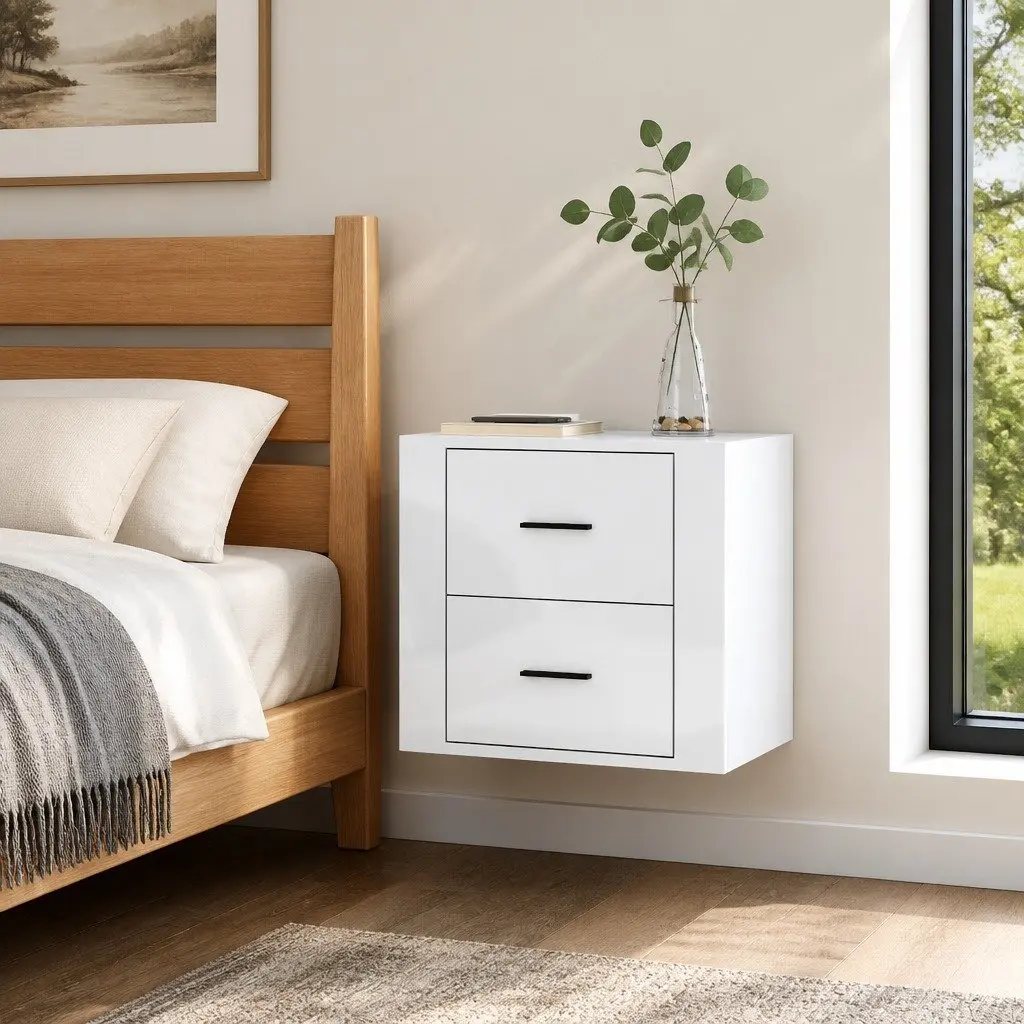 Floating Bedside Cabinet White Engineered Wood 50x36x47cm Wall-Mounted Storage Organiser