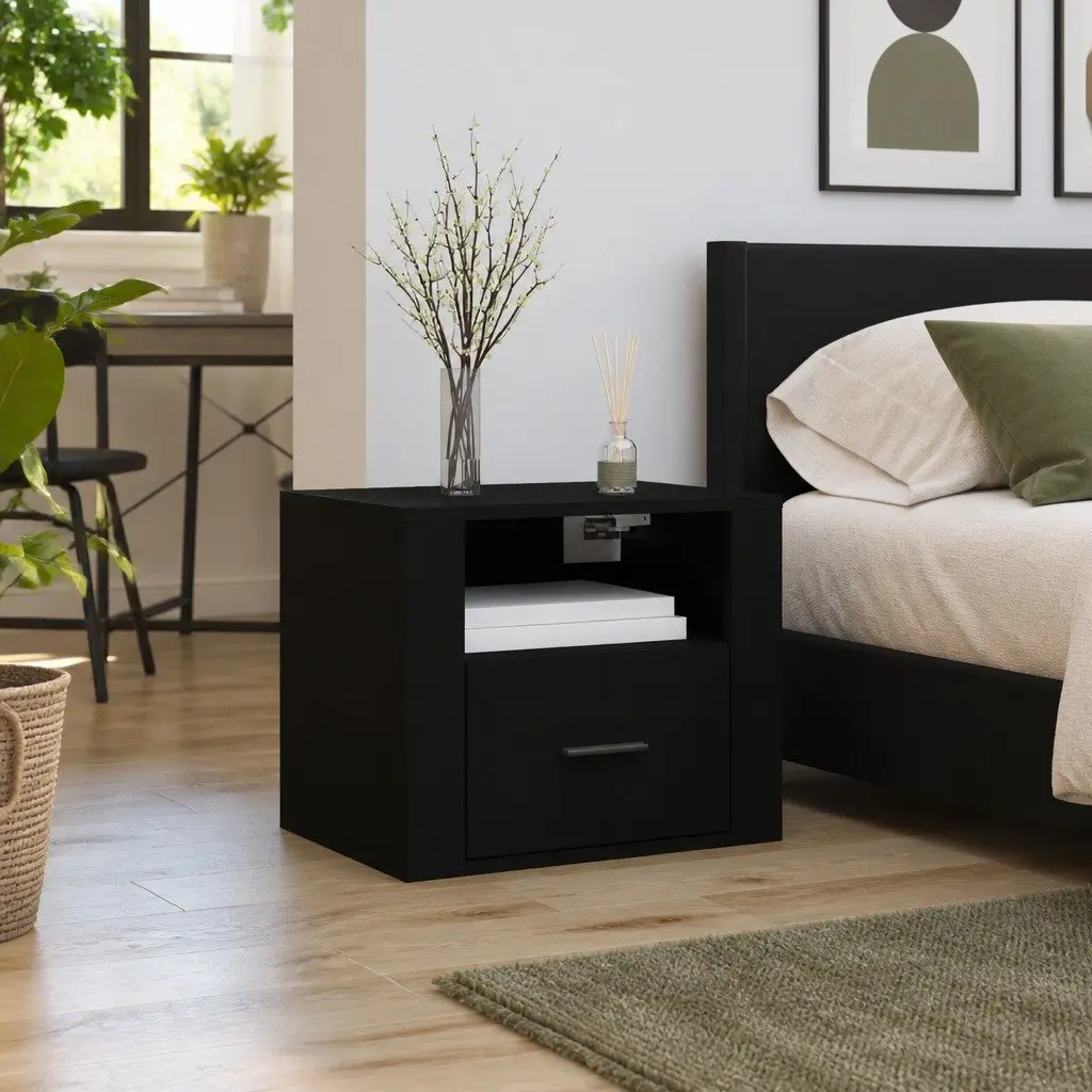 Wall-mounted Bedside Cabinet Engineered Wood 50 x 36 x 40 cm Black Floating Storage Organiser