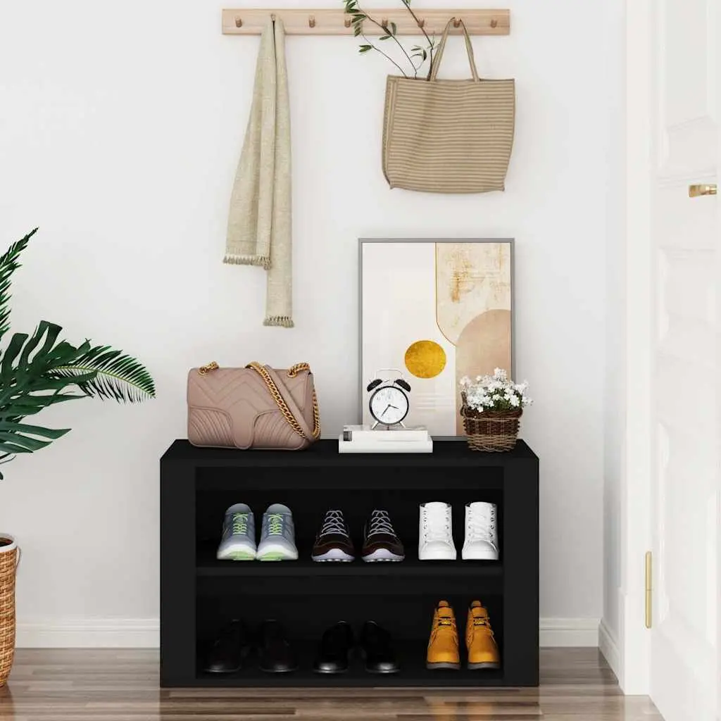 Shoe Rack Engineered Wood 75W x 35D x 45H cm Black 2 Compartment Organiser