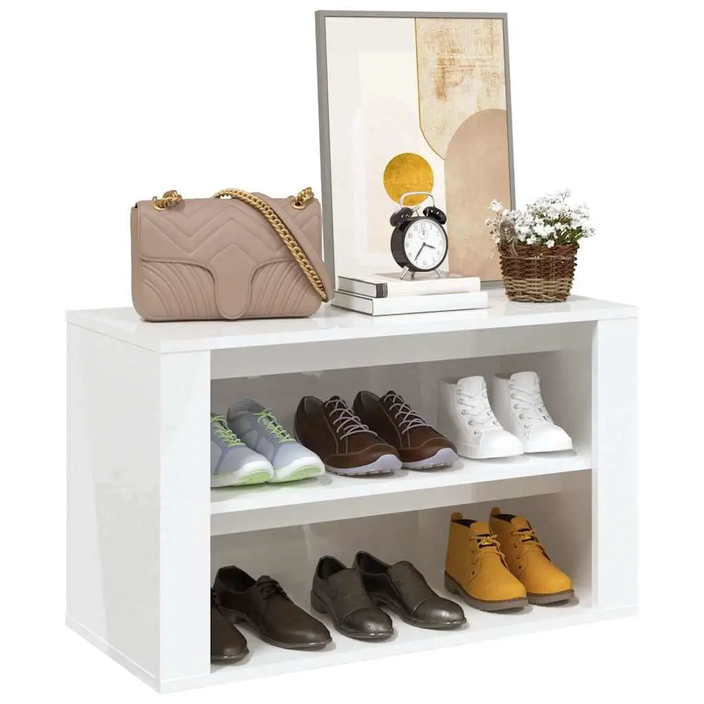 Shoe Rack Engineered Wood 2 Compartment Storage Organiser Cabinet White High Gloss