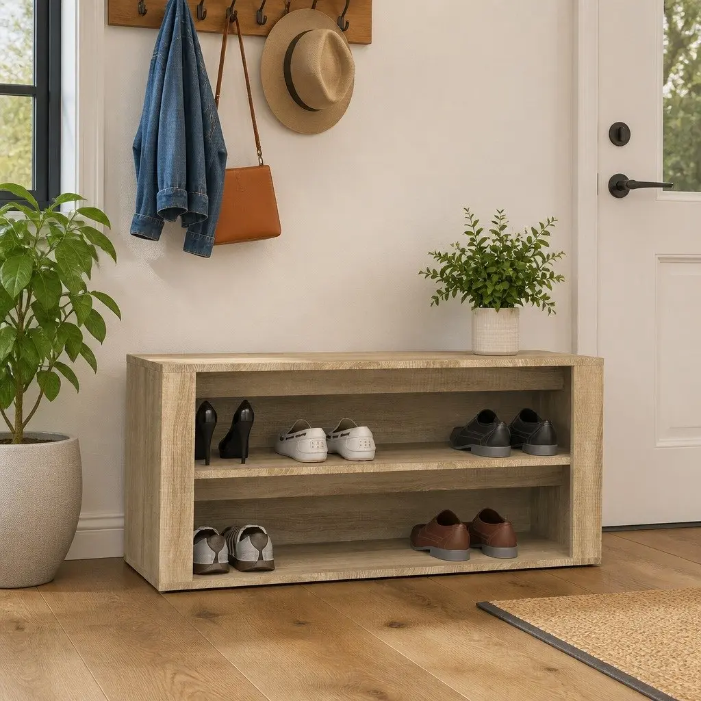 Shoe Rack Brown Engineered Wood 2 Compartments Storage Organiser Cupboard