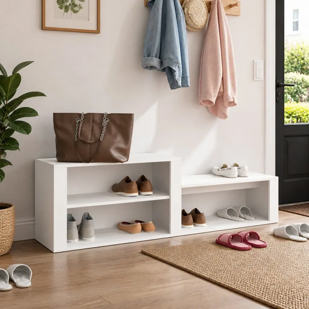 Shoe Storage Cabinet Engineered Wood White 150x35x45 cm Hall Entryway Organiser with Multiple Compartments and Flat Top Surface