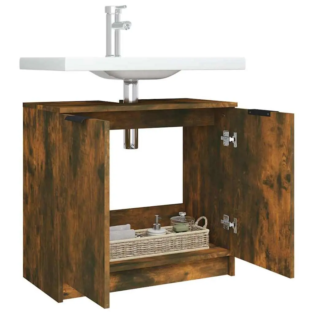 Bathroom Cabinet Engineered Wood Smoked Oak Brown 64.5x33.5x59cm 2-Door Storage