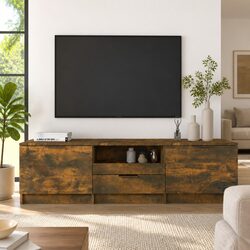 TV Cabinet Unit Brown Engineered Wood Storage Compartments Drawer Organiser