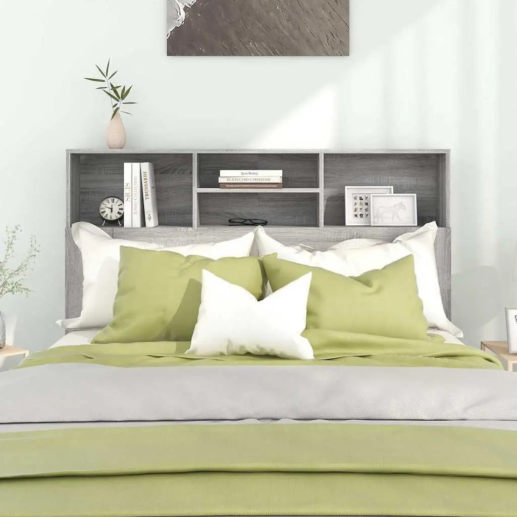 Grey Wall-Mounted Headboard Storage Cabinet 140 cm Engineered Wood Bedroom Bookcase with Compartments
