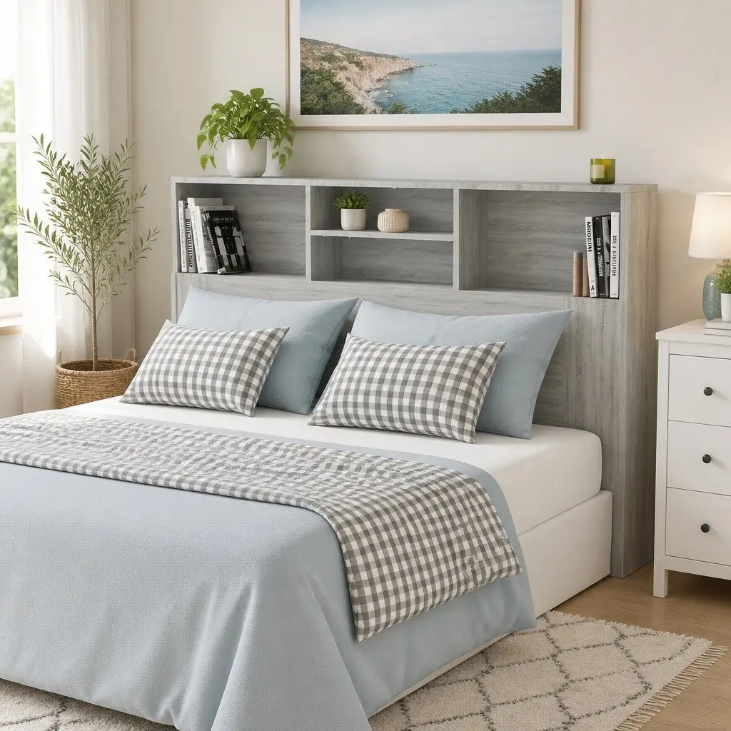 Wall-Mounted Headboard Cabinet Engineered Wood 160cm Grey Contemporary Bedroom Storage
