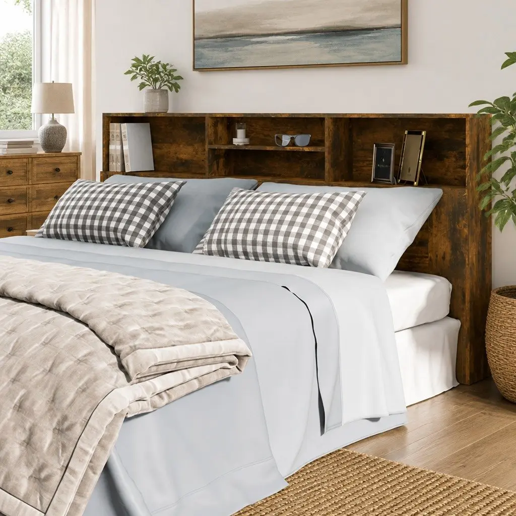 Headboard Cabinet Storage Engineered Wood 200 cm Wall-Mounted Brown