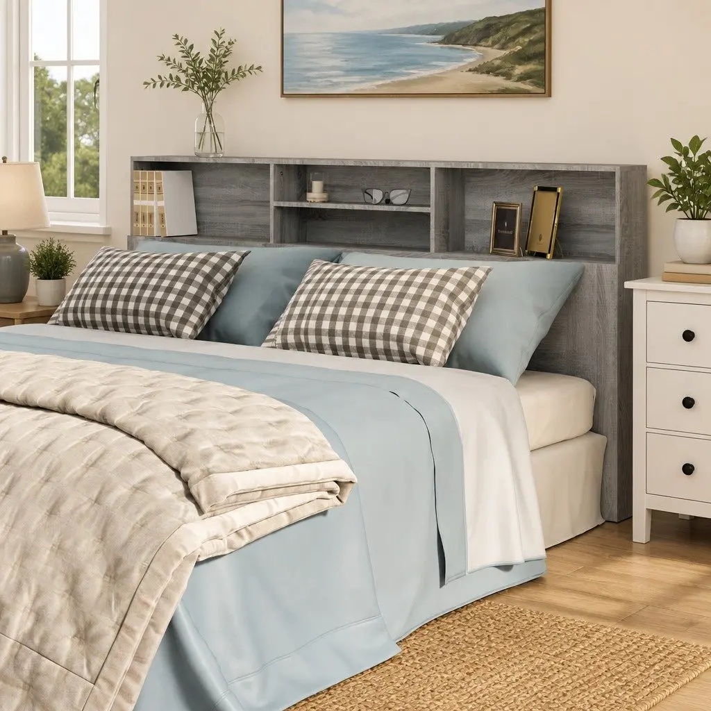 Headboard Cabinet Engineered Wood 200cm Grey Wall-Mounted Storage Organiser