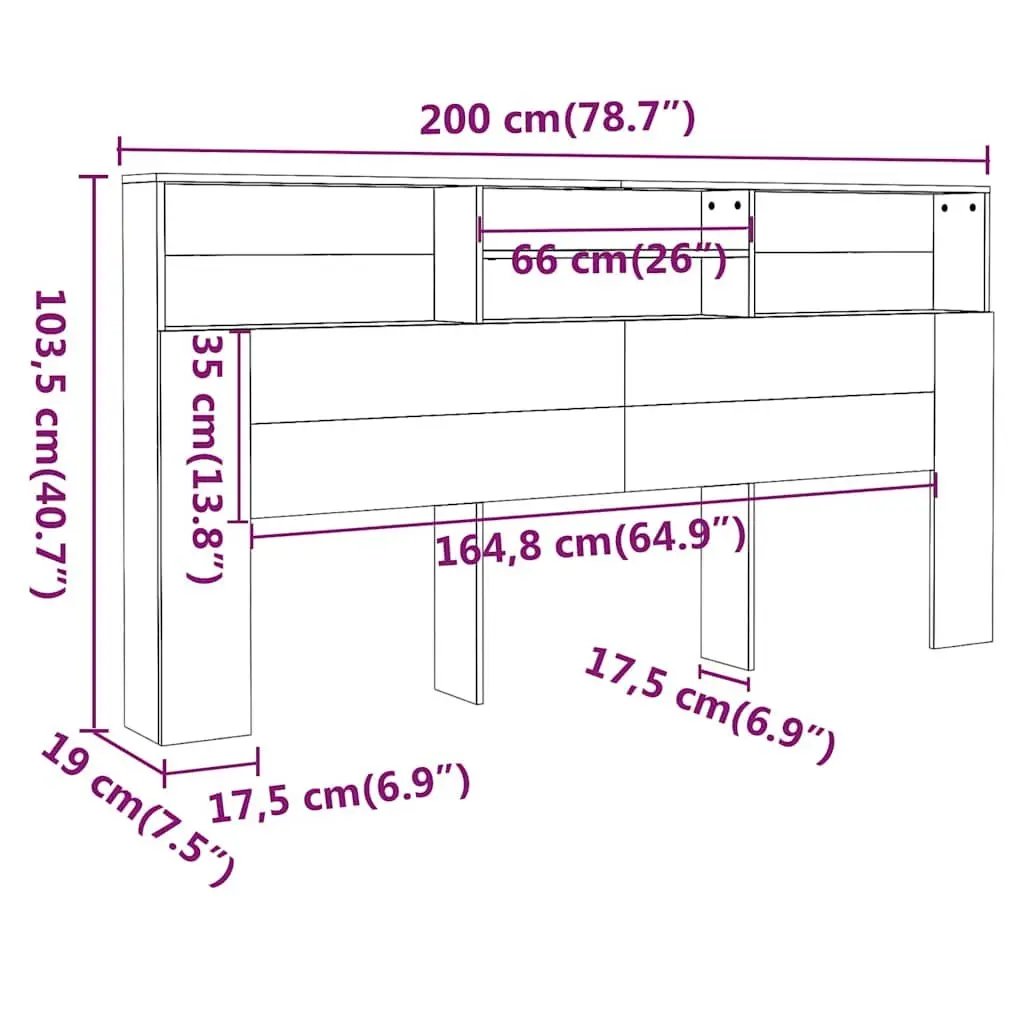 Headboard Cabinet Engineered Wood 200cm Grey Wall-Mounted Storage Organiser