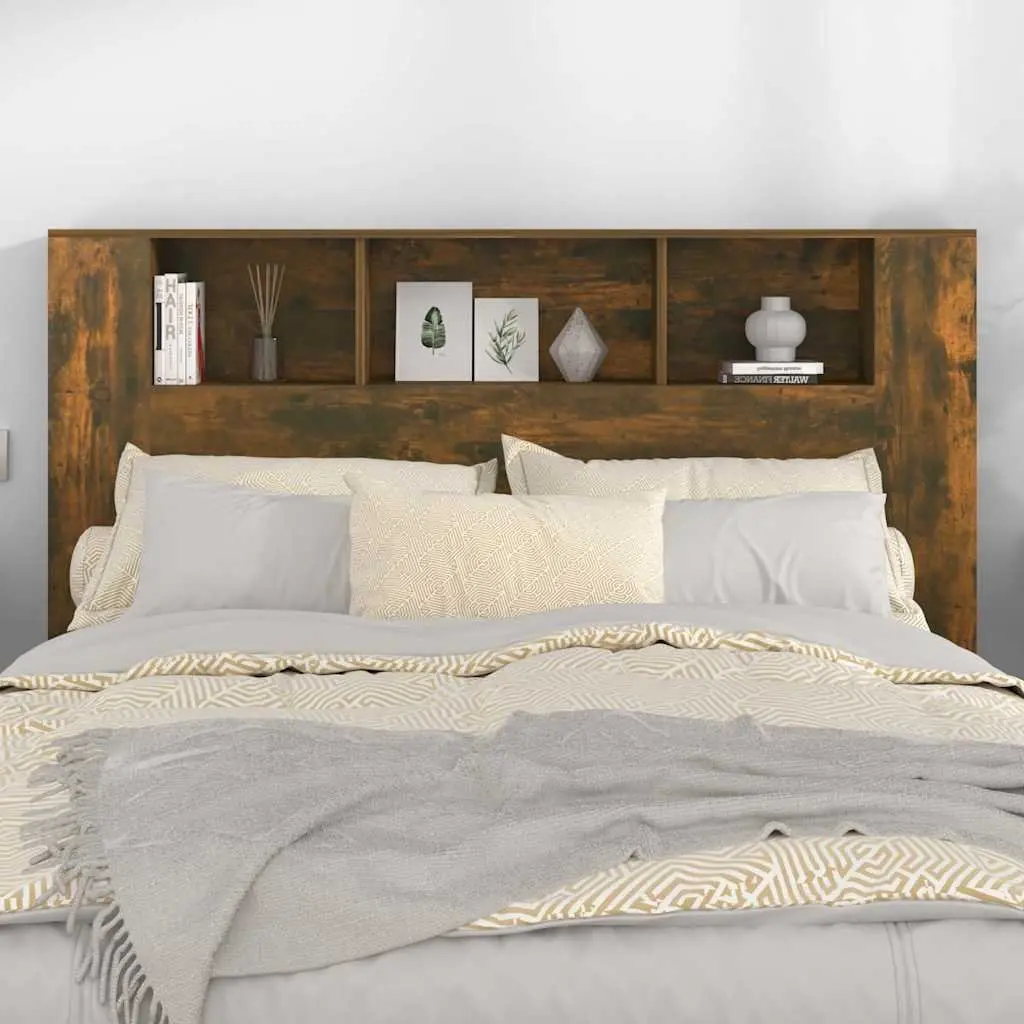 Brown Smoked Oak Headboard Cabinet 160cm Engineered Wood Bedroom Storage Unit