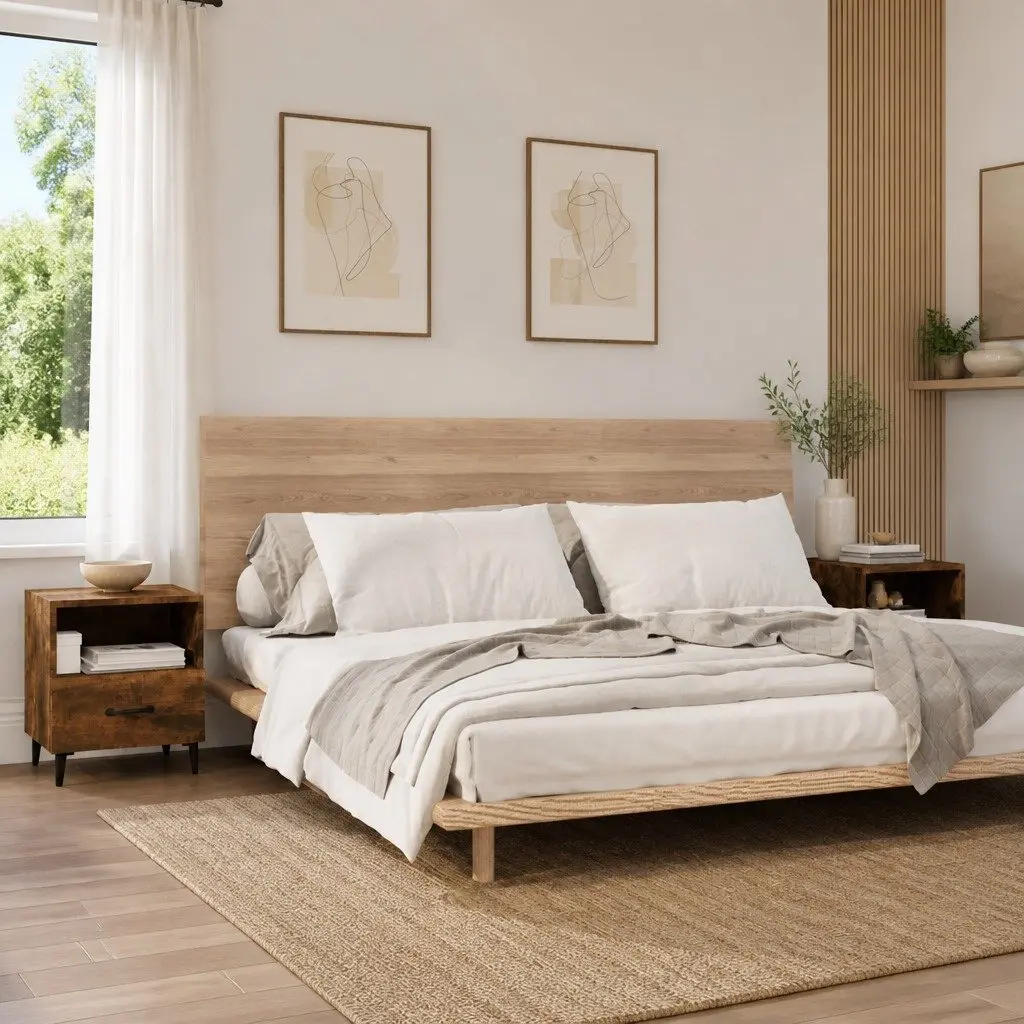 2 Piece Nightstands Engineered Wood Brown Bedside Cabinets with Drawer and Shelf for Organised Storage