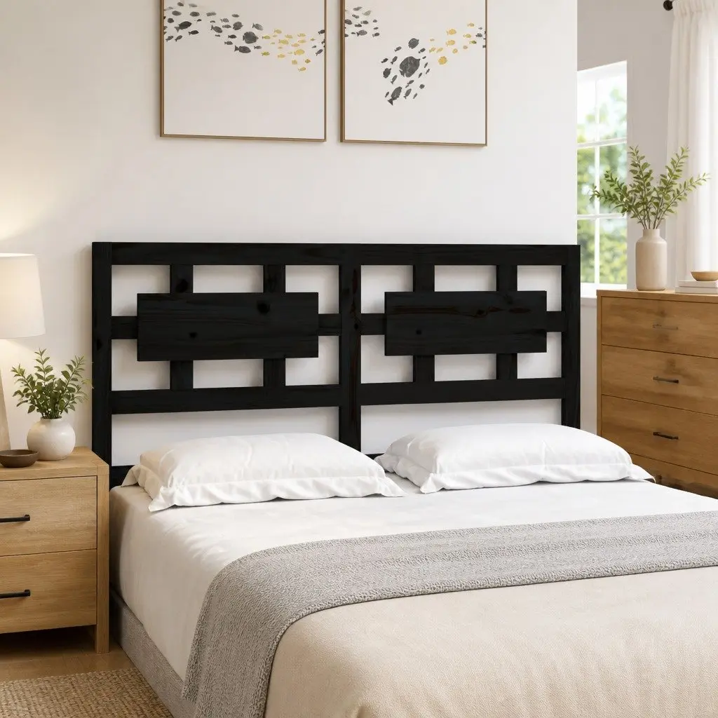 Black Bed Headboard Solid Pine Wood 185.5 cm Rustic Bedroom Furniture Support