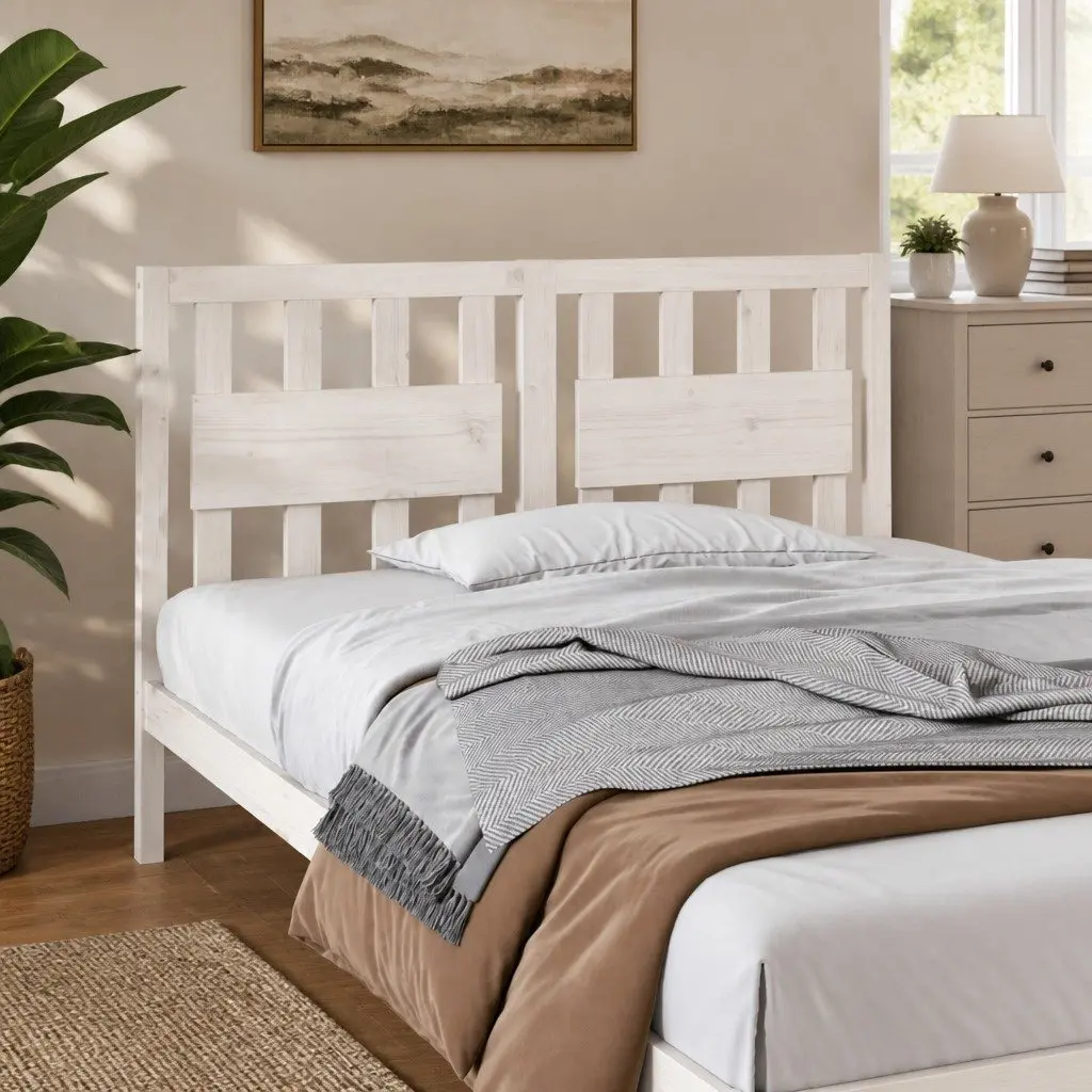 White Bed Headboard 140.5cm Solid Pine Wood Rustic Style
