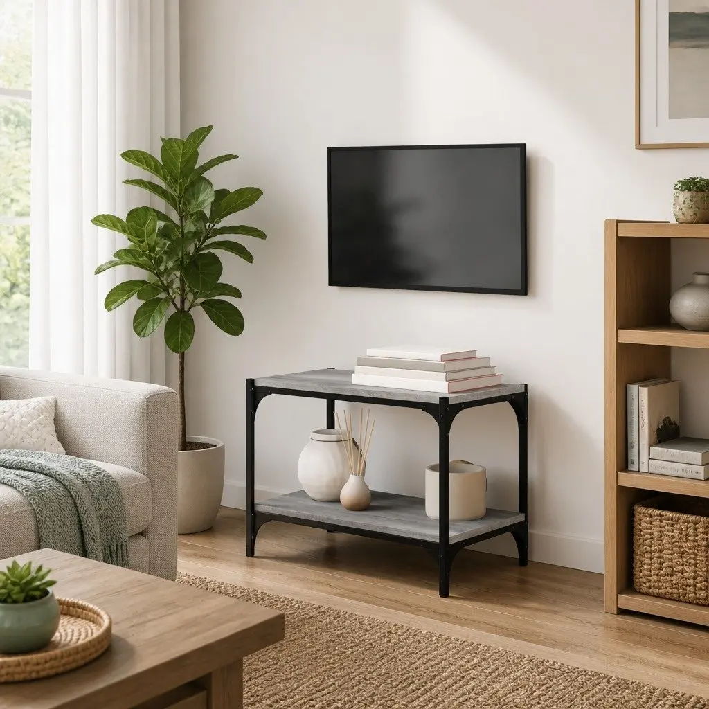 TV Cabinet Grey Sonoma Engineered Wood Steel Frame Storage Shelves Living Room