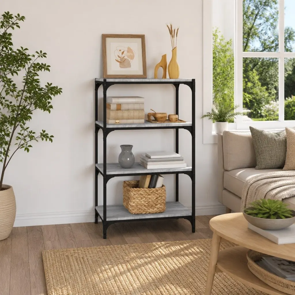 Book Cabinet Engineered Wood Steel 60x33x100cm Grey 4 Shelves Industrial Style