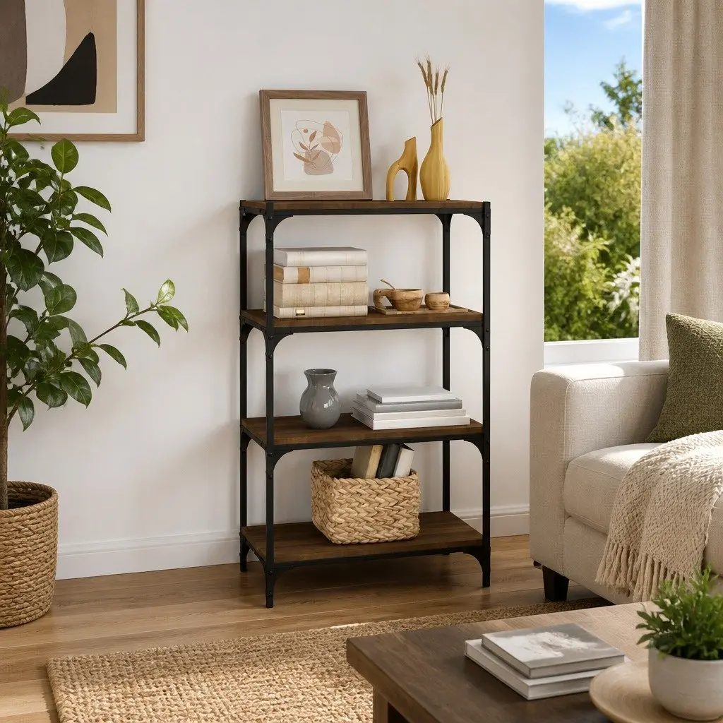 Book Cabinet Engineered Wood Steel Frame 60x33x100cm Brown Oak 4 Shelves Industrial Style Storage