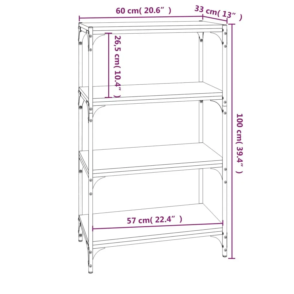 Book Cabinet Engineered Wood Steel Frame 60x33x100cm Brown Oak 4 Shelves Industrial Style Storage