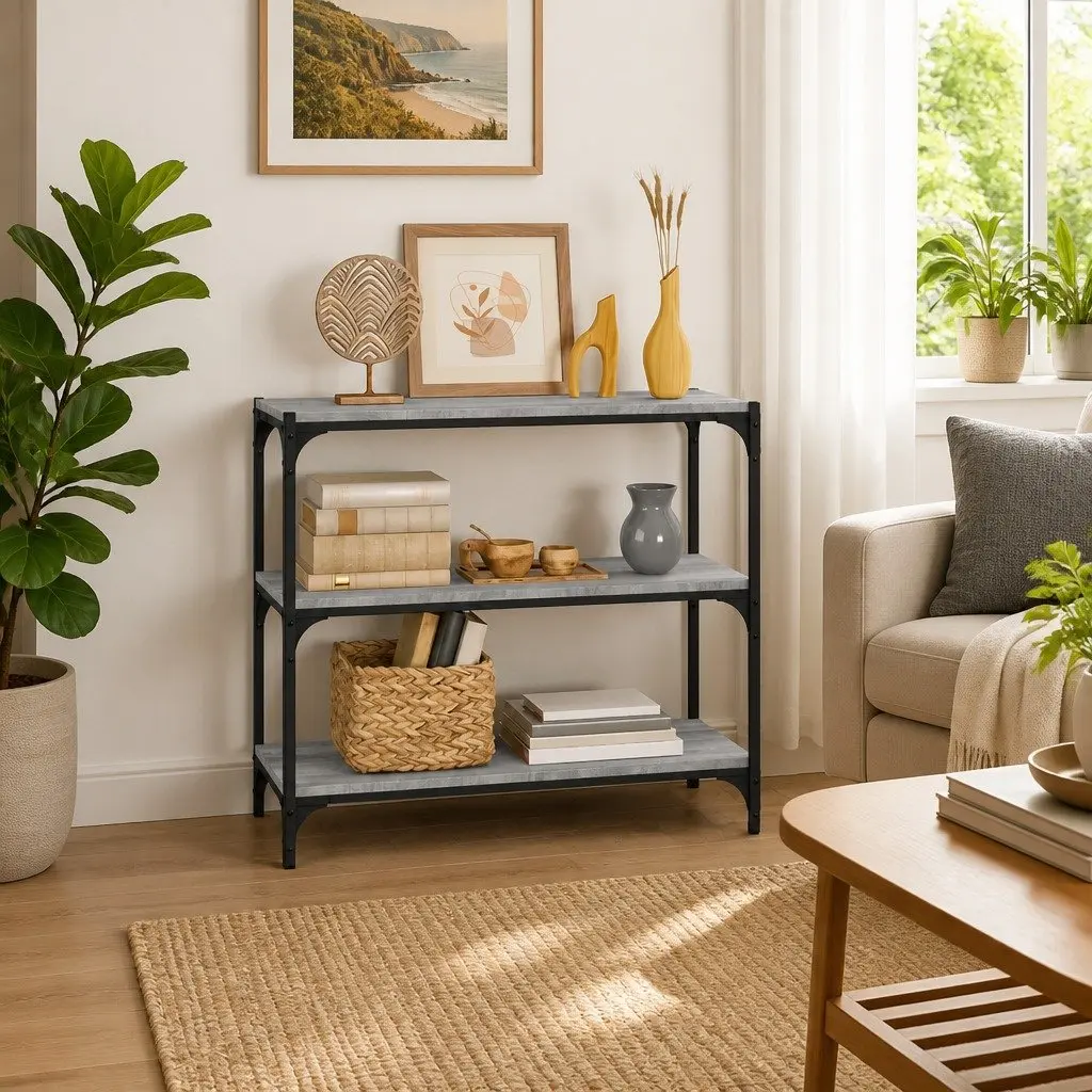 Book Cabinet with 3 Shelves Grey Engineered Wood Steel Frame Industrial Storage