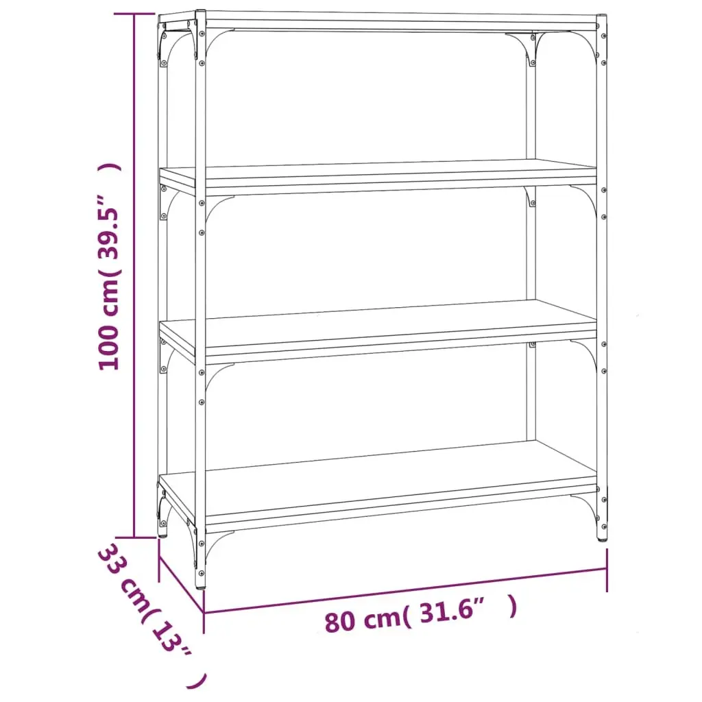 Book Cabinet Engineered Wood and Steel Frame 80x33x100cm Black 4 Shelf Storage Organiser Industrial Style