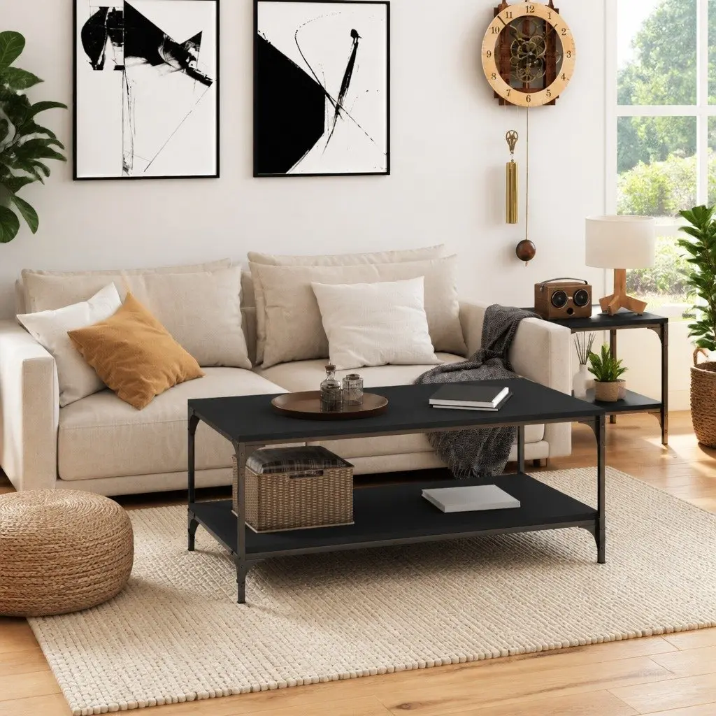 Coffee Table Engineered Wood Steel Frame 100 x 50 x 40 cm Black