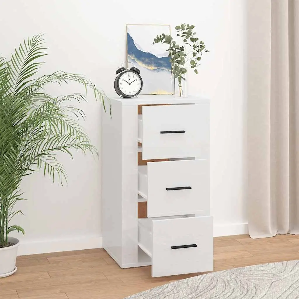 High Gloss Sideboard Cabinet Engineered Wood Storage 3 Drawers White 40x33x70cm