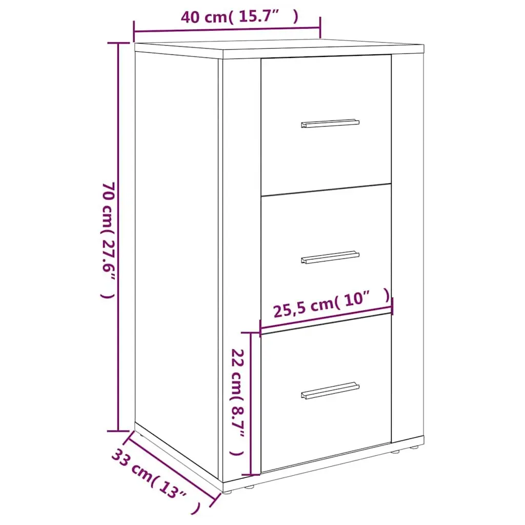 High Gloss Sideboard Cabinet Engineered Wood Storage 3 Drawers White 40x33x70cm