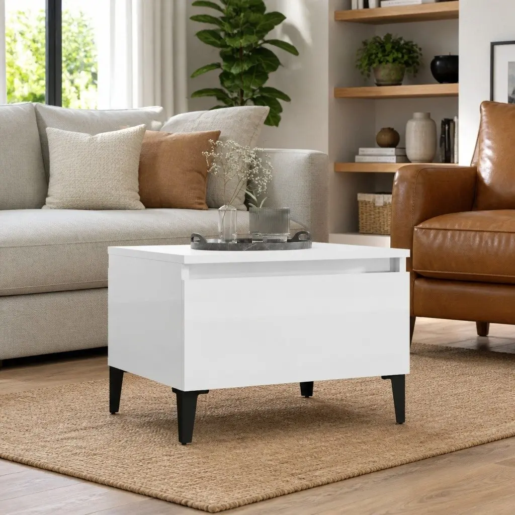 End Table Engineered Wood High Gloss White 50W x 46H x 35D cm