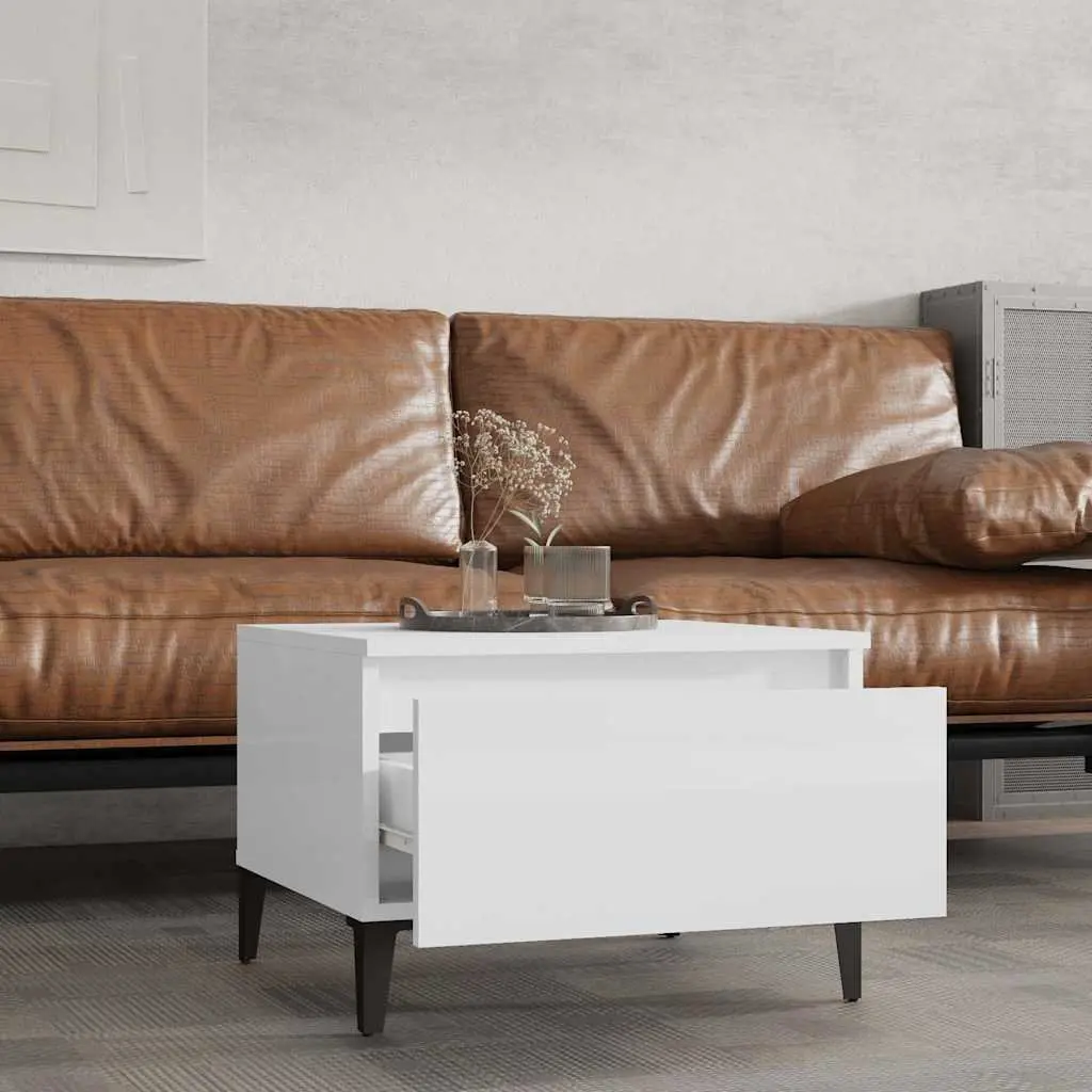 Set of 2 Side Tables Engineered Wood High Gloss White with Drawer Storage 50x46x35cm
